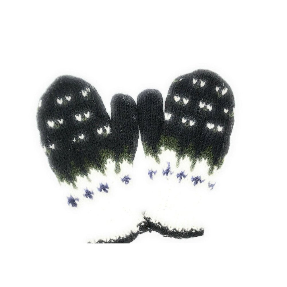 Hand Knit Wool Mittens Fleece Lined Made in Nepal Black & White w/ Green Stripe